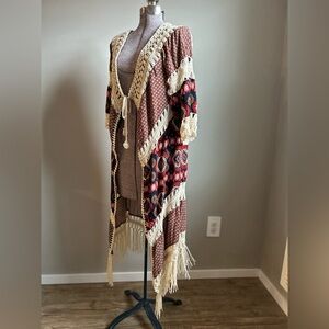 Umgee Cream Red Patterned Fringe Cardigan boho summer statement beach vacation